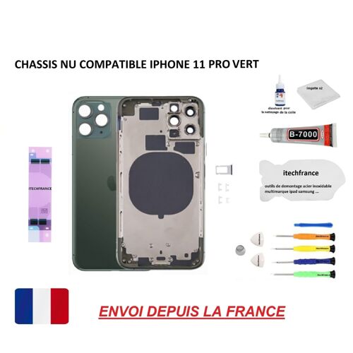 Châssis Arrière Nu Compatible Iphone 11 Pro Vert, Itechfrance®, Qualité Origine, Vitre Arrière,  Kit Outil, Lame De Démontage, Dissolvant, Colle B7000, Stickers Batterie , Tiroir Sim.