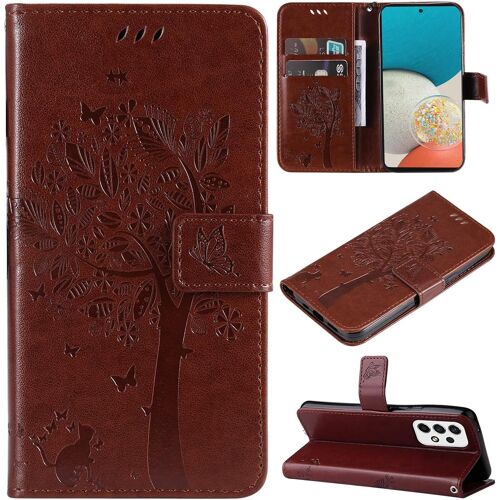 KAL-Coque Compatible Avec Samsung Galaxy A53 5G - Cuir Flip Étui/Portefeuille Case Cover Housse Tpu Silicone - Arbre Et Chat - Coffee Brown