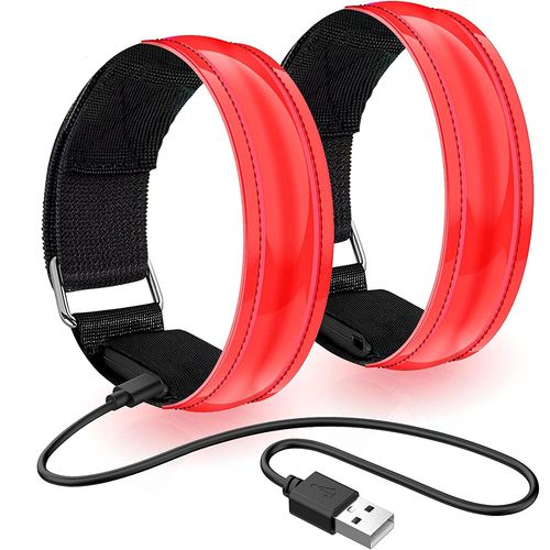 2pcs Brassard Lumineux Led Rechargeable, Brassard Reflechissant Led Running, Bande Clignotant Ajustable Bracelet Lumineux Led De Sécurité(Rouge)