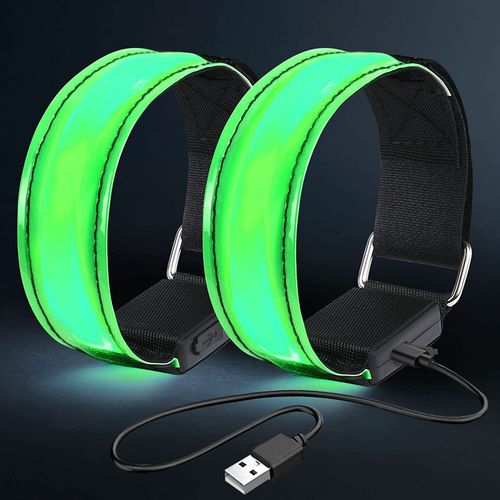 2pcs Brassard Lumineux Led Rechargeable, Brassard Reflechissant Led Running, Bande Clignotant Ajustable Bracelet Lumineux Led De Sécurité(Vert)