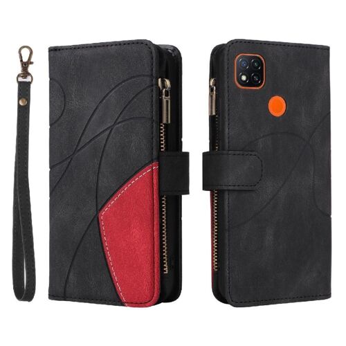 Étui Pour Xiaomi Redmi 9c Neuf Fentes Pour Cartes Avec Le Support De Fente De Carte Couture Bicolore Style De Portefeuille À Glissière Béquille De Protection - Noir