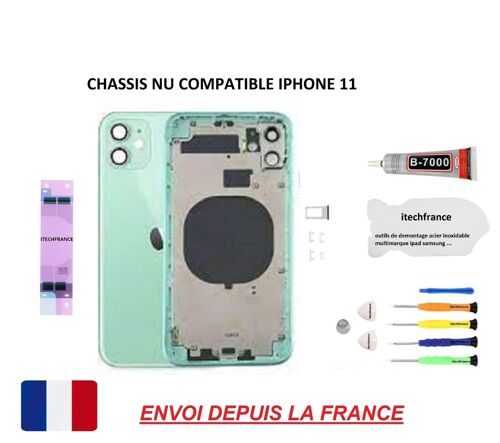 Châssis Arrière Nu Compatible Iphone 11 Vert, Itechfrance®, Qualité Origine, Vitre Arrière,  Kit Outil, Lame De Démontage, Colle B7000, Stickers Batterie , Tiroir Sim.