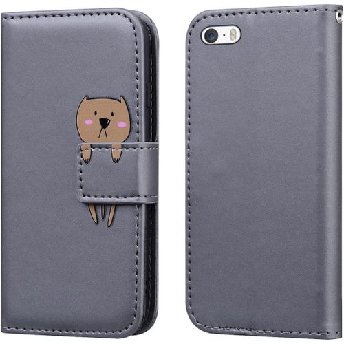 KAL-Coque Pour Iphone 5/5S/Se(4.0""),Motif Ours Brun Mignon Portefeuille Étui De Antichoc Flip Case Cover,Cuir Pu Housse Avec Fonction Stand,Emplacements De Cartes Et Avec Fermeture Magnétique,Gris