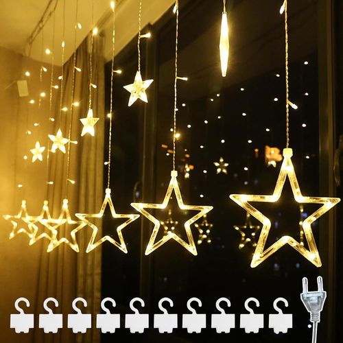 Kal-Rideau Lumineux Étoiles,Fenêtre Décorative De Noël Avec Étoile Télécommande,8 Modes,Leds Éclairage Intérieur Extérieur Rideau Lumière Décorativepour Décoration De Noël,Fête,Mariage