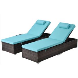 Lot De 2 Transats Coussins Bleus En Résine Tressée Avec Tablette Latérale Punta Cana