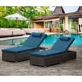 Lot De 2 Transats Coussins Bleus Foncé En Résine Tressée Avec Tablette Latérale Punta Cana
