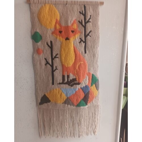 Tenture macramé mural renard fox arlequin sur bois deco chambre enfant bébé