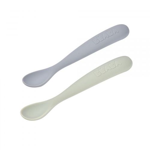 Lot De 2 Cuillères Silicone 1er Âge Avec Boîte De Transport Galet Et Vert De Gris