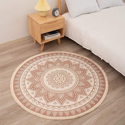 Tapis D'extérieur Rond Bohème En Coton 120 Cm Avec Pompons Pour Chambre, Jardin, Terrasse, Lavable En Machine