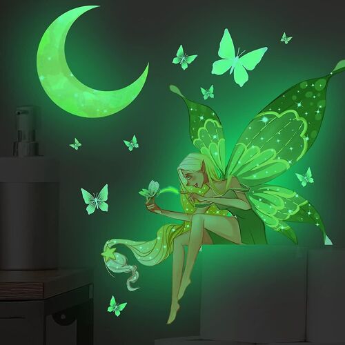 Autocollant mural phosphorescent représentant une fée papillon, une lune lumineuse, des papillons, des fleurs et des princesses