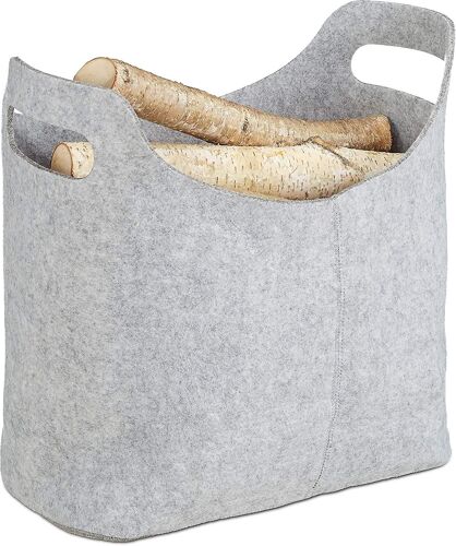 Panier à bûches en feutre, HxLxP : 40x30x40cm, 2 poignées, pliable, porte-revues, gris