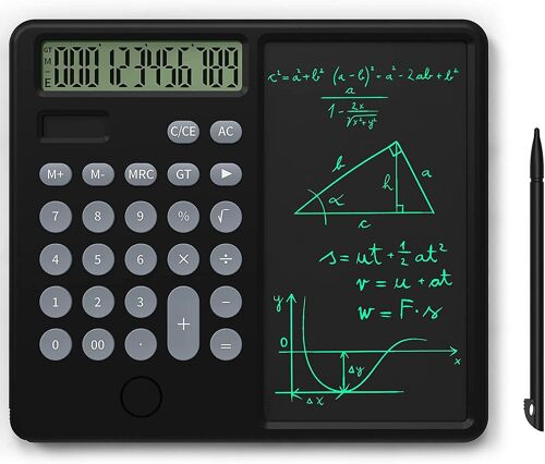 Calculatrice de bureau standard à 12 chiffres, avec tablette d'écriture LCD effaçable de 6 pouces, alimentée par énergie solaire et double batterie, pour le bureau, etc.