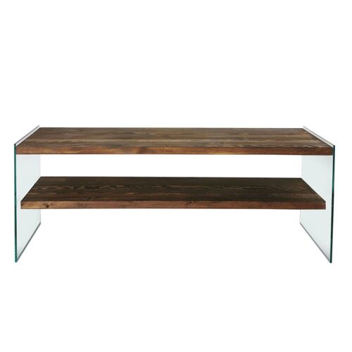 Meuble TV avec 2 étagères en bois de pin et sa structure en verre L.120cm x H.45cm - Marron clair