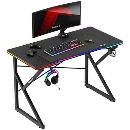 Bureau Gaming Huzaro Hero 1.7 Rgb Noir - Éclairage Led 366 Modes, Porte-Gobelet, Support Casque, Pieds Réglables