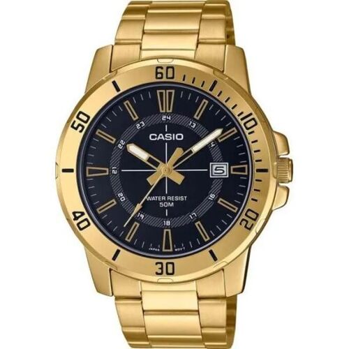 Casio ¿ Résiste À L'eau Jusqu¿À 50 Mètres ¿ Dore Cadran Noir ¿ Tout En Acier Inoxydable ¿ Mtp-Vd01g-1cv