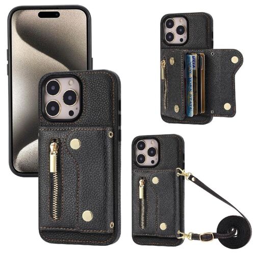 Étui Pour Iphone 15 Pro Longue Sangle Léger Mini Sac À Dos Fentes Pour Cartes Grande Capacité - Noir