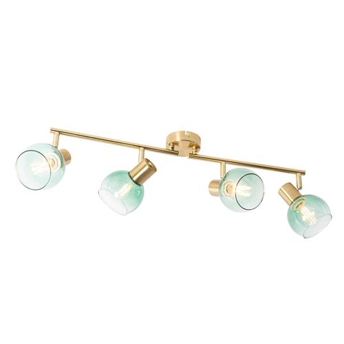 Qazqa Art Deco Plafonnier Spot Art Déco Or / Dorée / D'or Avec Verre Vert 4 Lumières - Vidro Acier / Vert,Doré/Laiton Oblongue / Luminaire / Lumiere / Éclairage / Intérieur / Salon / Cuisine...