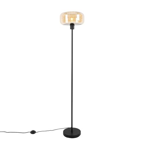 Qazqa Art Deco Art Deco Vloerlamp Zwart Met Amber Glas - Bizle Verre /Acier Beige,Noir Rond / Luminaire / Lumiere / Éclairage / Intérieur / Salon E27 Max. 1 X 25 Watt
