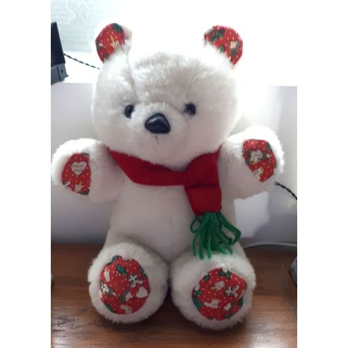 Petit ours en peluche de Noël blanc avec écharpe rouge - longueur environ 30cm - yeux et nez en plastique brillant noir - ne tient qu'assis