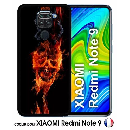 Coque pour xiaomi redmi note 9 - tête de mort en feu - silicone - noir