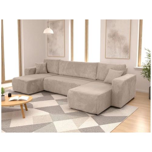 Canapé D'angle Panoramique Convertible 6 Places Velours Côtelé Taupe