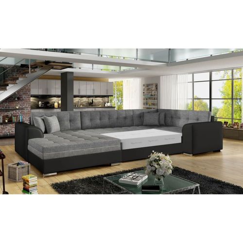 Canapé D'angle Gauche Panoramique 5 Places, Tissu Bi Color Gris