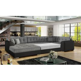 Canapé D'angle Gauche Panoramique 5 Places, Tissu Bi Color Gris
