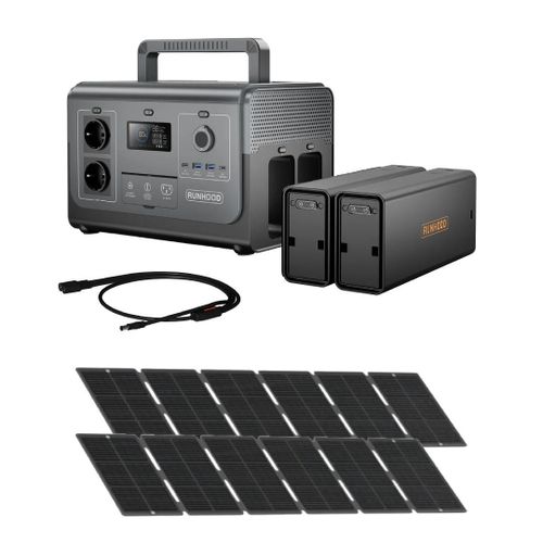 Kit Éco-Domestique RUNHOOD ¿ HE1200 + 2×EB324 + 2×SERI200 + Y Cable ¿ 1296 Wh avec Recharge Solaire Ultra-Rapide