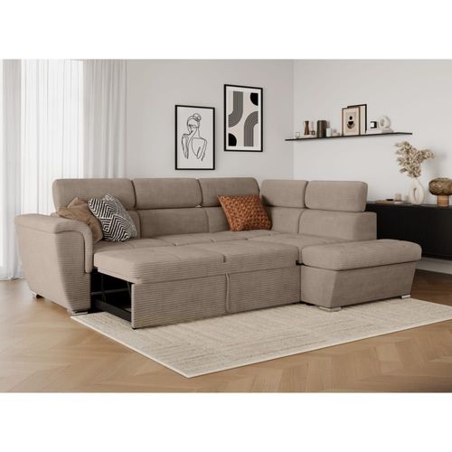 Canapé D'angle Droit Convertible Avec Coffre En Velours Côtelé Taupe