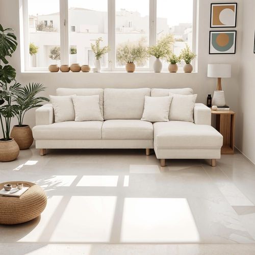 Canapé D'angle À Droite Convertible 4 Places En Tissu Chenille Beige