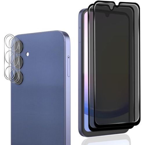 Verre Trempé Anti Espion Pour Samsung Galaxy A25 5g,2 Pièces Privacy Film Et 2 Pièces Protecteur Caméra Arrière,Avec Kit D¿Installation Facile,Anti-Spy Protection