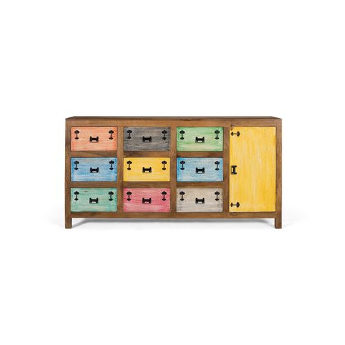 Buffet 9 tiroirs en bois massif multicolore