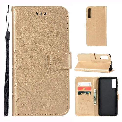 Filp Étui Pour Samsung Galaxy A7 2018 Fermeture Magnétique Sangle De Poignet Titulaire De La Carte Cuir Pu Bicelle - Doré