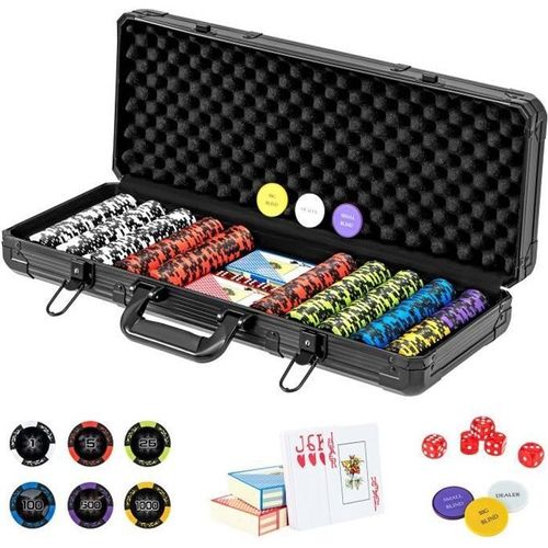 Costway Mallette De Poker En Aluminium - 500 Jetons - 2 Jeux De Cartes - 5 Dés Et 3 Dealer, Coffret De Poker Noir