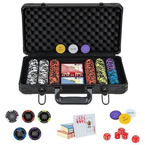 Costway Mallette De Poker En Aluminium - 300 Jetons - 2 Jeux De Cartes - 5 Dés Et 3 Jetons De Croupier, Coffret De Poker Noir
