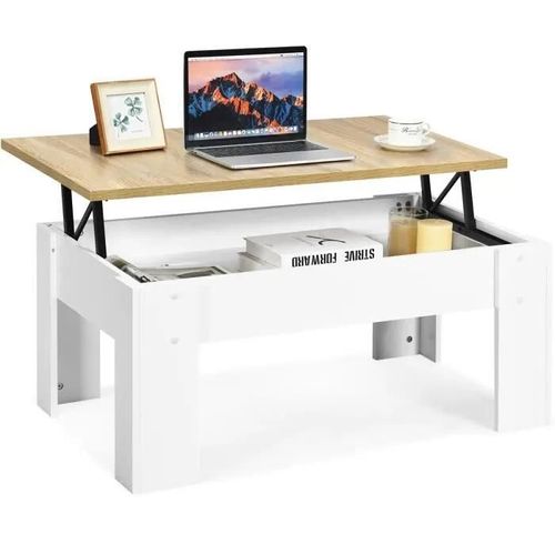 Costway Table Basse Avec Plateau Relevable Compartiment Caché 98 X 50 X 42-55 Cm Pour Séjour, Salle De Réception, Blanche
