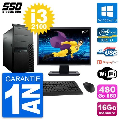 PC Tour Lenovo M91p Ecran 19" Core i3-2100 RAM 16Go SSD 480Go Windows 10 Wifi
