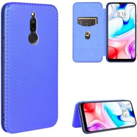 Compatible Avec Coque Xiaomi Redmi 8, Mince Flip Fibre De Carbone [Test De Chute] Antichoc Stand Fente Avec Carte, Protecteur D'écran En Verre Trempé*2-Bleu