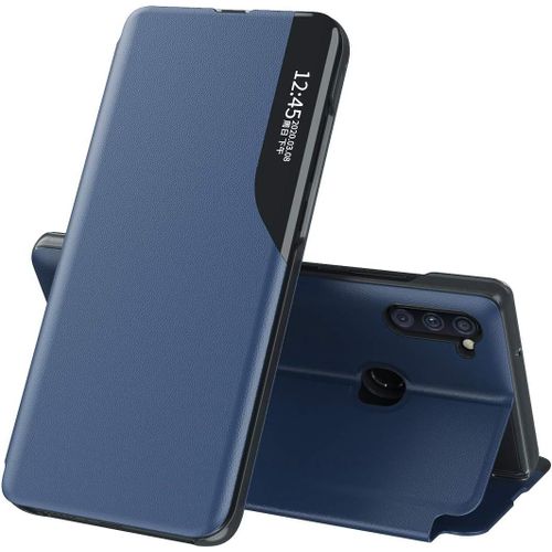 Étui En Cuir Pu Pour Galaxy A11 Coque, Smart View Fenêtre Flip Stand Cover Housse De Protection Pour Samsung Galaxy A11 Bleu