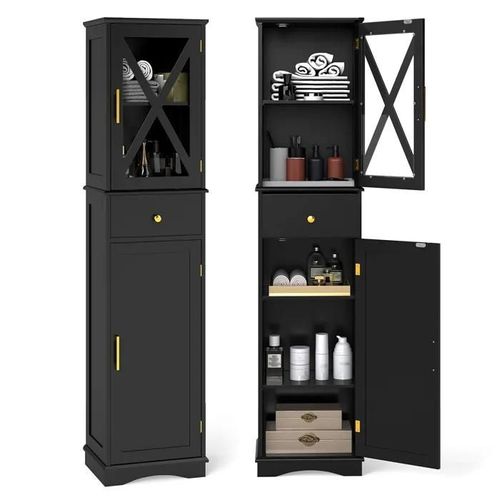 Costway Meuble Colonne De Salle De Bain Avec 2 Portes Et 1 Tiroir, 3 Étagères Réglables, Placard À Porte,30 X 40 X 168 Cm Noir