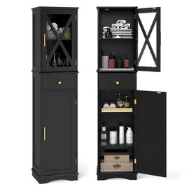 Costway Meuble Colonne De Salle De Bain Avec 2 Portes Et 1 Tiroir, 3 Étagères Réglables, Placard À Porte,30 X 40 X 168 Cm Noir