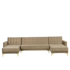 Canapé Panoramique Convertible En Velours Beige Clair 5 Places Aberdeen