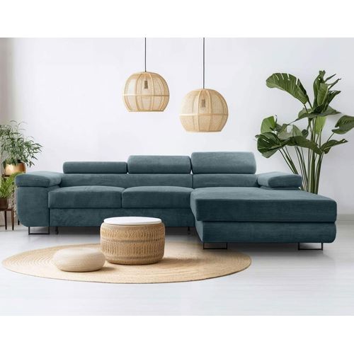 Canapé D'angle Droit Convertible 6 Places En Velours Côtelé Bleu