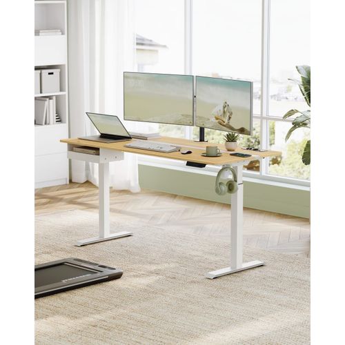 Bureau électrique réglable en hauteur 70 x 160 cm bois clair et blanc