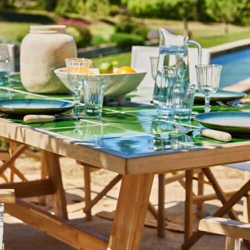 Set Table Et 4 Chaises En Bois Et Céramique Verte 168x87