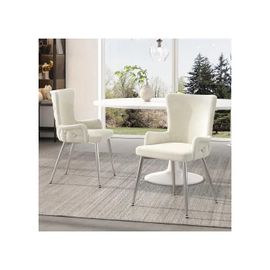 Chaise De Salle À Manger En Velours, Ensemble De 2, Avec Quatre Pieds En Métal Argenté, Beige