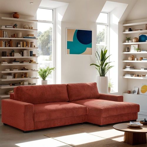 Canapé D'angle À Droite Convertible 3 Places En Velours Côtelé Rouille