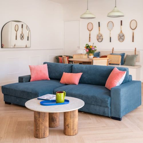 Canapé D'angle À Gauche Convertible 3 Places En Velours Côtelé Bleu