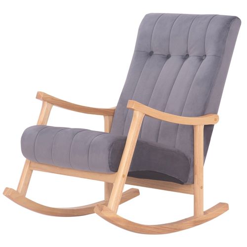 Fauteuil À Bascule En Velours Gris Avec Boutons Décoratifs Piètement En Bois Clair Fab10077
