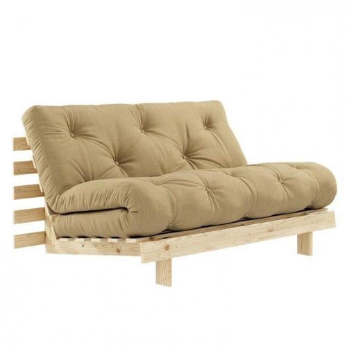 Canapé Convertible Futon Roots Pin Naturel Tissu Beige Couchage 140*200 Cm.